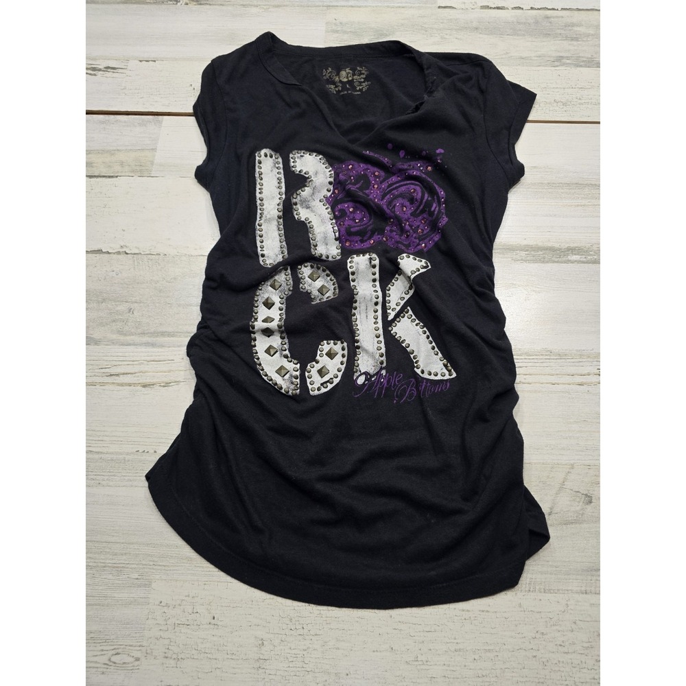 Apple Bottoms Womens Black Rock Graphic Studded Rhinestone Ruched Top Large Y2K‎